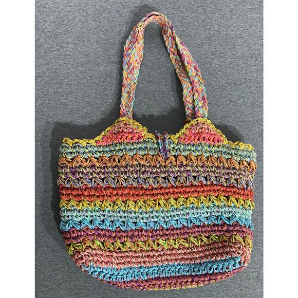 Blue Miami | Women's Multicolor Woven Canvas Straw Basket Beach Tote Handbag - Picture 5 of 7